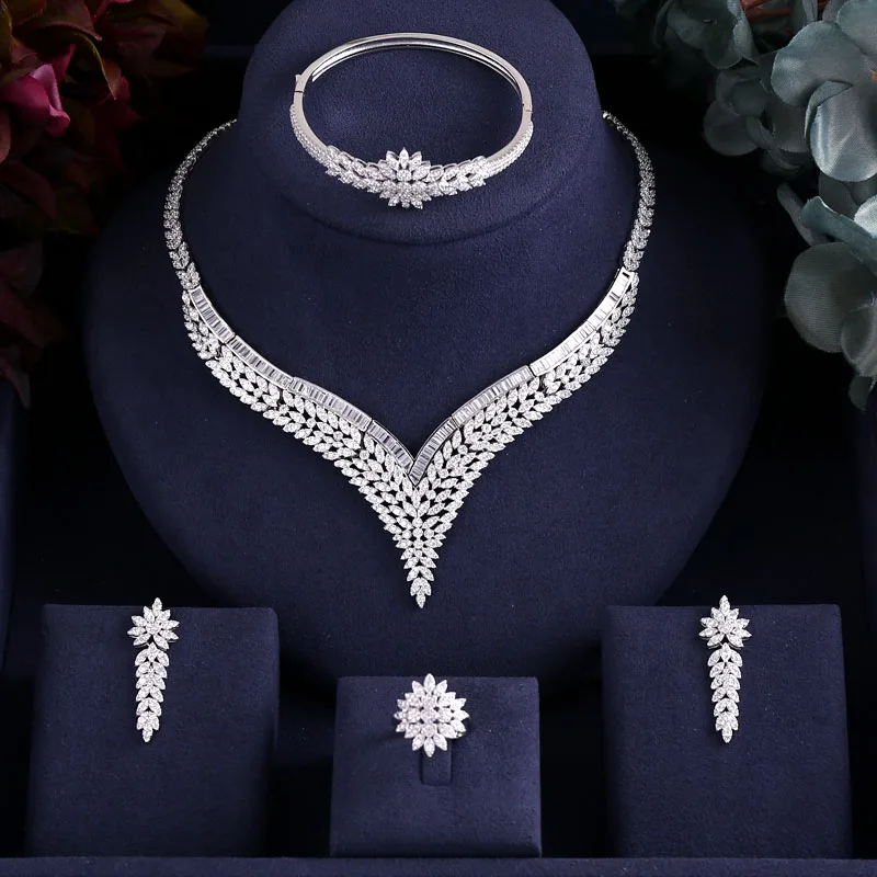 

janeklly Luxury Cubic Zirconia African Silver Necklace Earring Set Bangle Ring Nigerian bride jewelry sets For Women Wedding