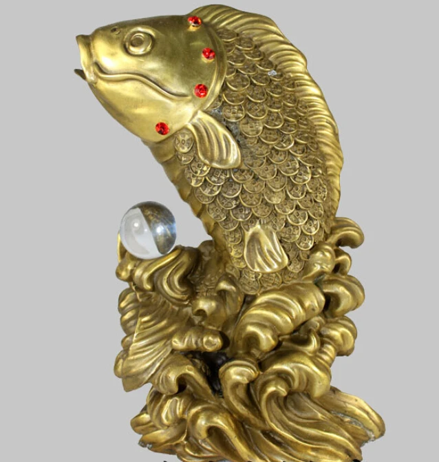 

9" China Fengshui Bronze Fish Crystal Bead Lucky Blessing Statue R0713