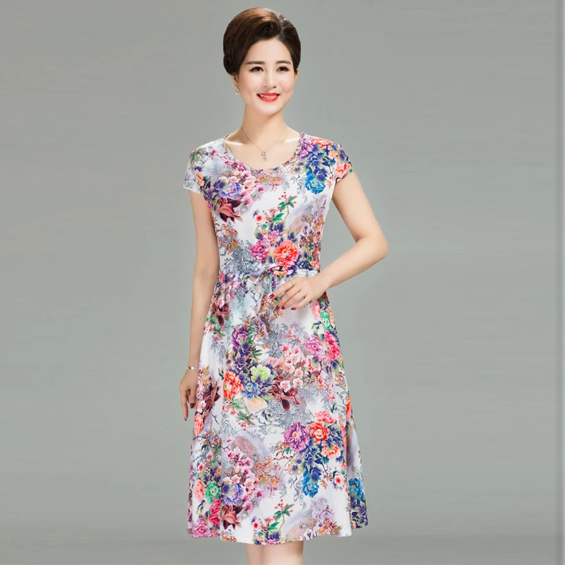 

4XL Women's Dresses Middle-aged Fashion Print Loose Dress Casual Short Sleeve Plus Size Long Sundress Vestidos Clothes 2019