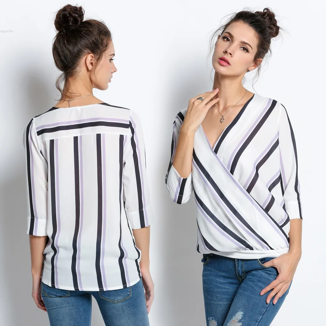 Fashion Women Crossover Deep V Neck 3/4 Sleeve Striped T shirt Topsin