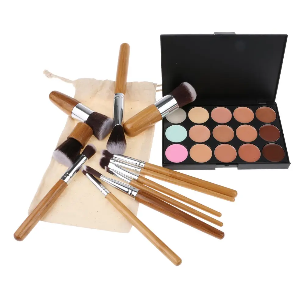 15 Colors Concealer EyeShadow Palette Kit with 11Pcs Bamboo Makeup Powder Brush