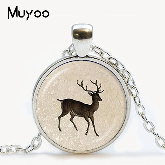 Red Deer Silhouette Cabochon Glass Dome Silver Chain Pendant Necklace 