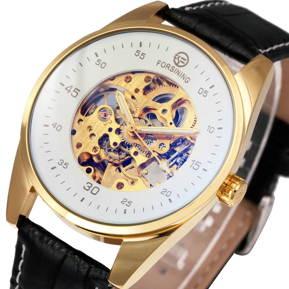 

2018 FORSINING Unique Men Automatic Mechanical Wrist Watches Leather Band Round Skeleton Dial Blue-ray Crystal Luminous Hands