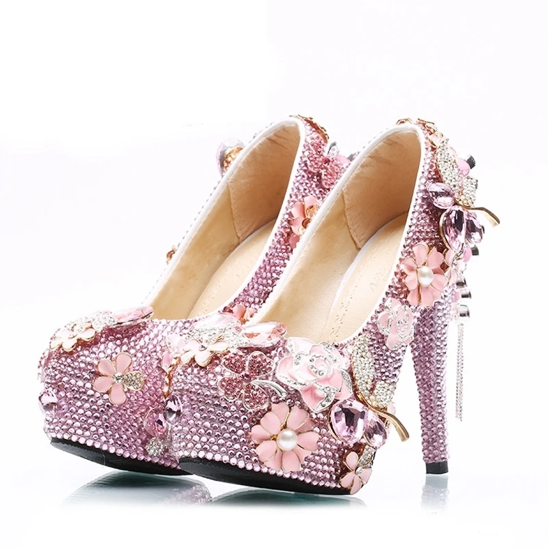 

2018 Wholesale Price Pink Rhinestone Wedding Shoes Bridal High Heels Platforms Girl Prom Party Pumps Plus Size Women Pumps