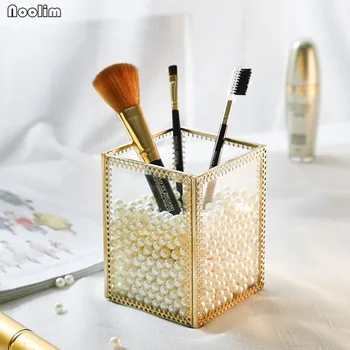 

NOOLIM European Retro Copper Transparent Glass Makeup Brush Storage Holder Eyebrow Pencil Holder Desktop Cosmetic Storage Box