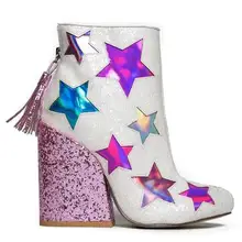 Новое поступление весна женская обувь из расшитой блестками ткани квадратный Обувь на высоком каблуке с бахромой ботильоны смешанные цвета звезд туфли-лодочки