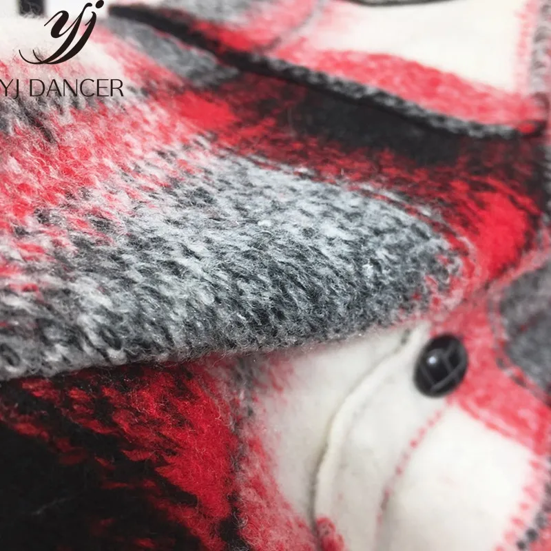 2018 Autumn Winter Woolen Coat New Loose Plaid Warm Coat In The Long Section Lapels Check Double Pocket Shirt Coat Women YZH508