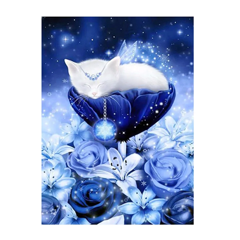 Diamond-Embroidery-Cute-Cat-on-Blue-Flowers-Full-Square-Diamond-Painting-Needlework-Unfinished-Handmade-Craft-DIY