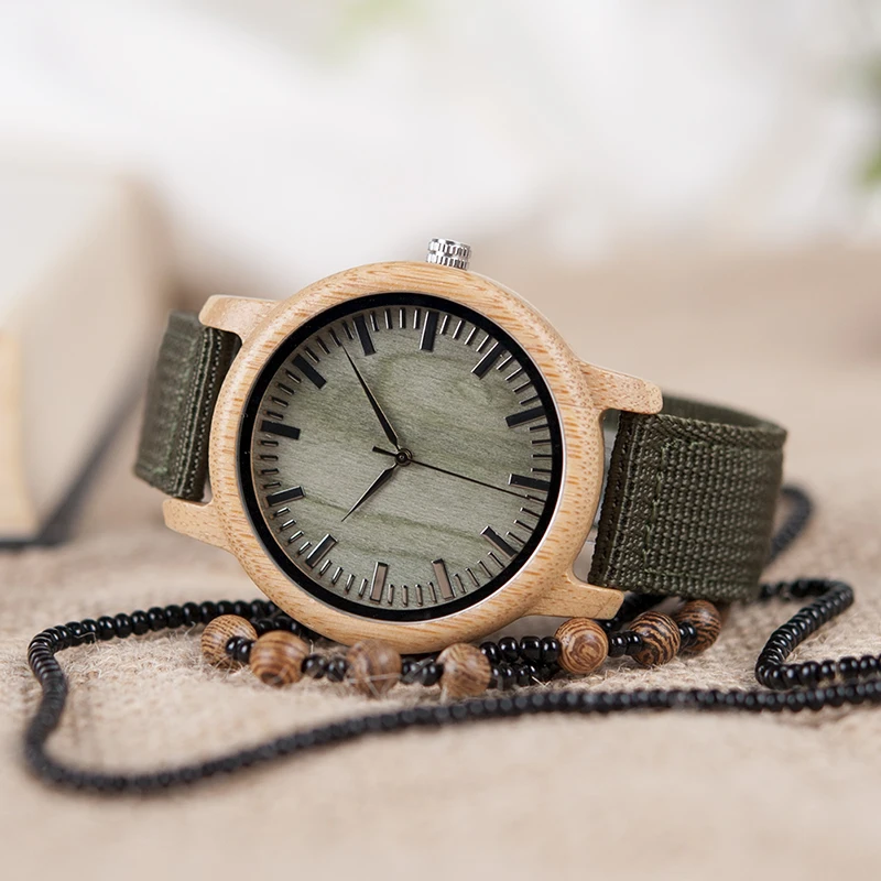 BOBO BIRD V-D11 Mens Bamboo Wooden Quartz Watches Green Wooden Face Green Nylon Strap Quartz Watch relojes hombre
