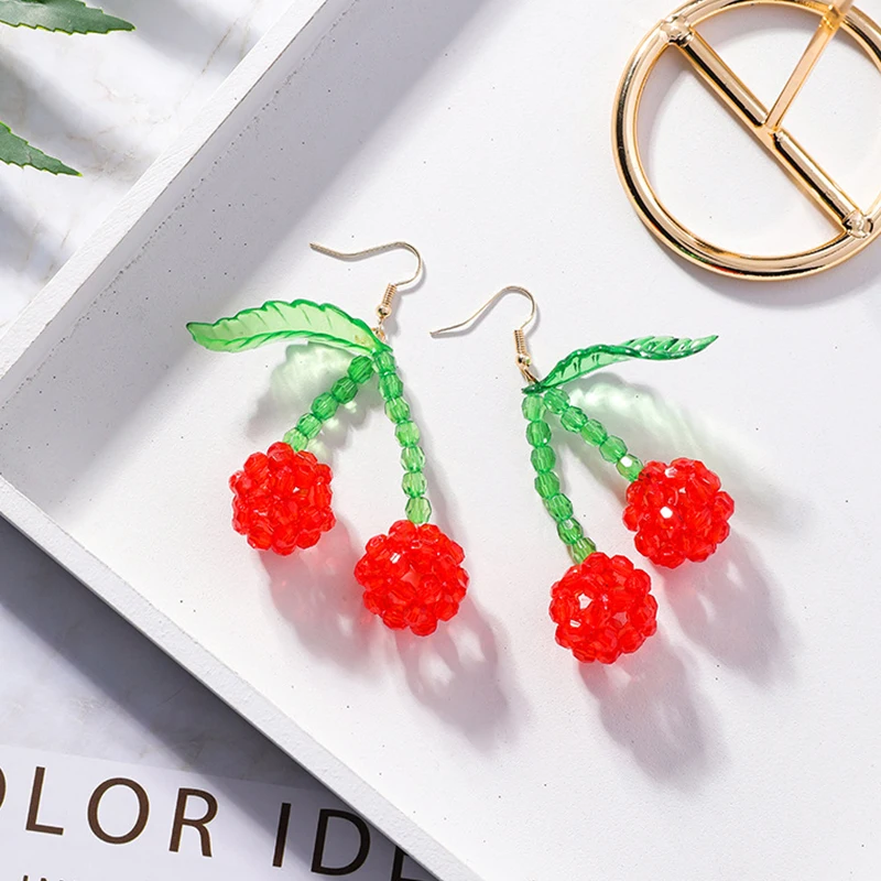 

Fashion Artificial Crystal Cherry Fruit Dangle Earrings Handmade Sweet Woven Beads Drop Earrings for Women Ear Hook Jewelry