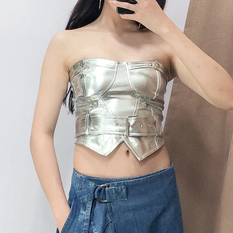 

Summer top 2019 fashion sexy crop top silver womens clothing off shoulder top pu tank top