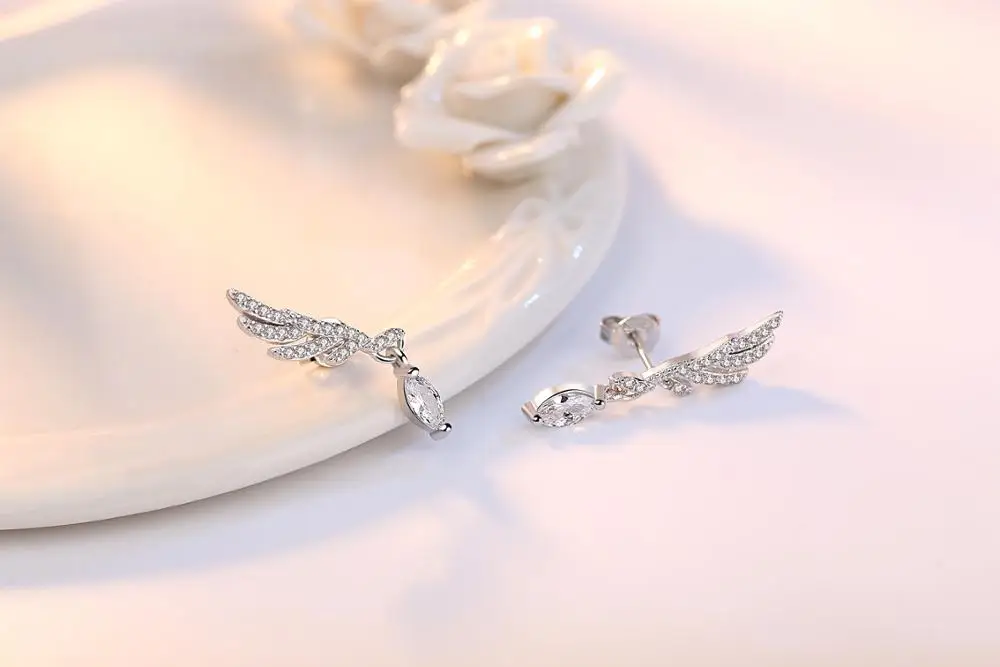 Luxury Brand Trendy Angel Wings Earring Studs Silver Statement Cubic Zirconia Earrings Fashion Earing for Women Oorbellen