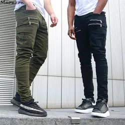 Maoxzon Для Мужчин's Повседневное Active тонкие эластичные узкие длинные брюки для мужчин черный Летняя мода карман на молнии тренировки узкие