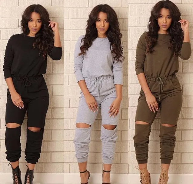Hot Sale GOOD Fabric New Vestidos Fashion Sports Long Jumpsuit Sexy Women Rompers Catsuits Playsuits Ripped