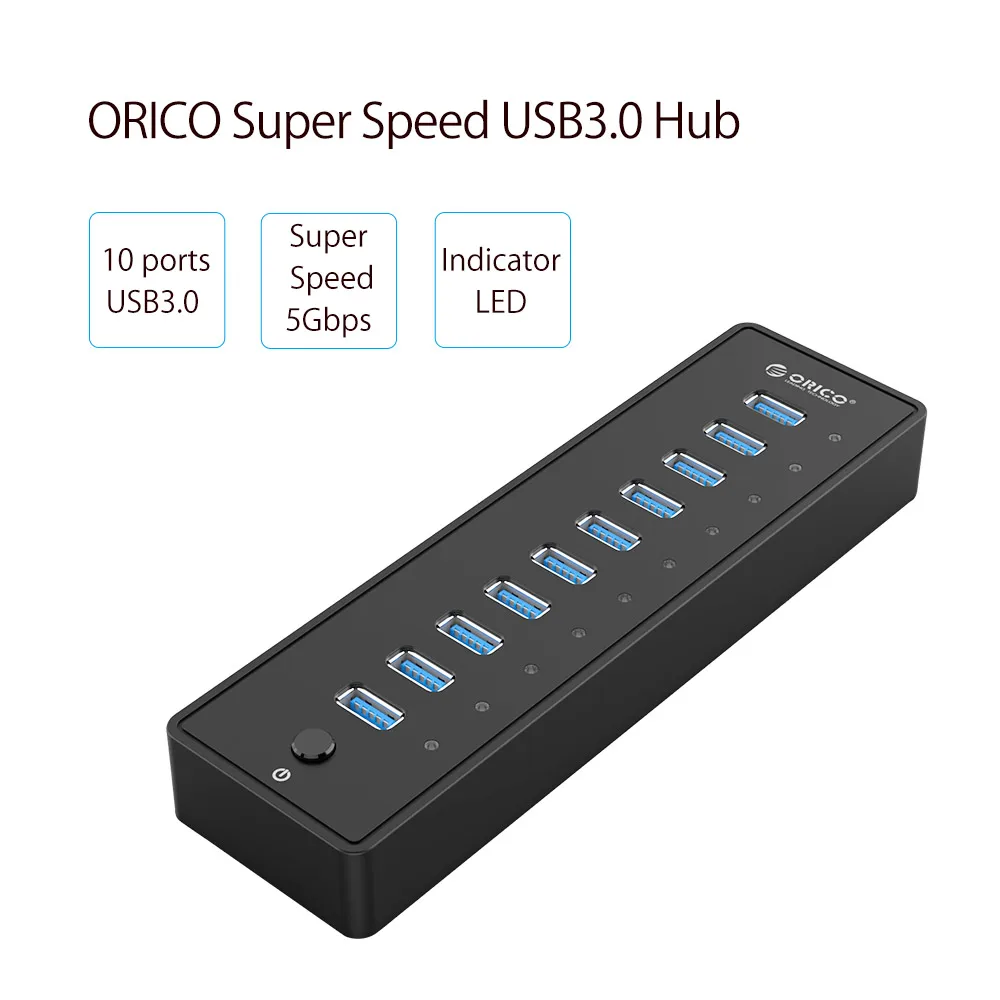 ORICO USB 3,0 10 портов концентратор Супер Скоростной USB разветвитель переносной концентратор адаптер для ноутбука планшета с чипом VL812 12 В адаптер питания