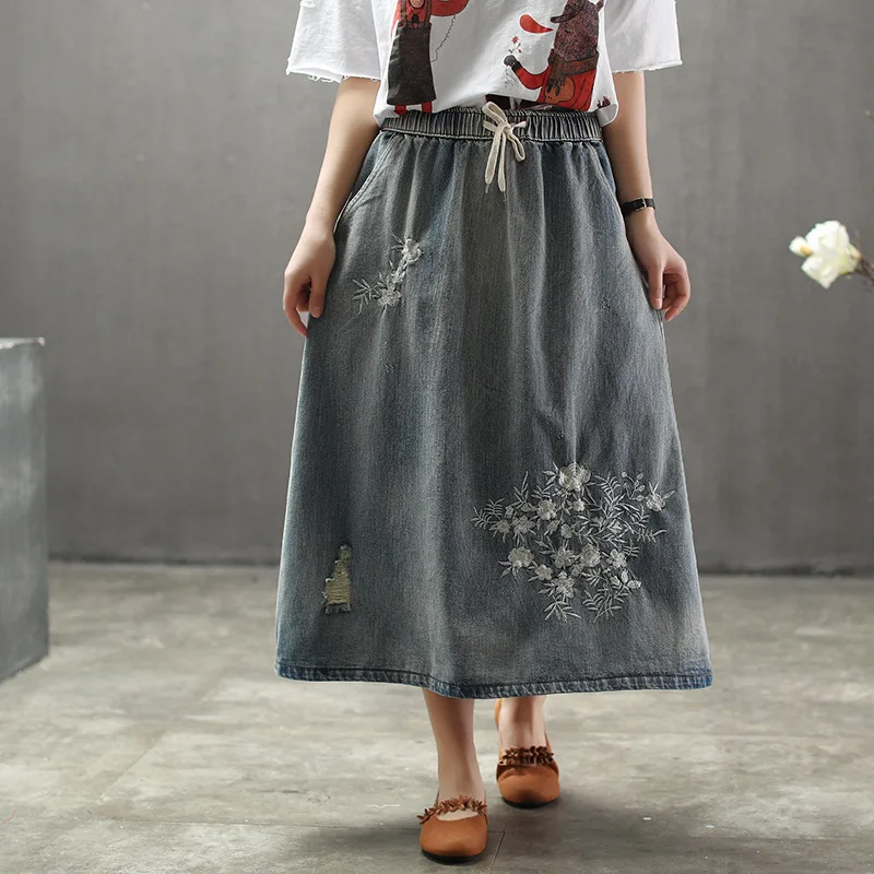Летние оригинальные в Ретро этническом стиле женские туфли с вышивкой джинсовая юбка женский эластичный пояс большие размеры отверстие