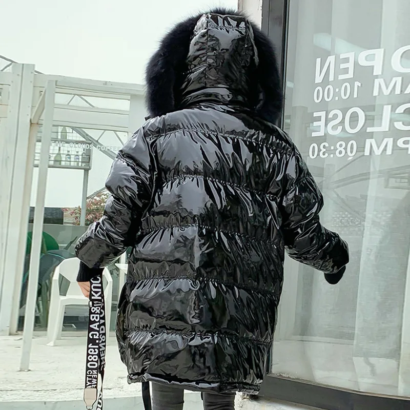 Fashion Bright Down Jacket Big Fur Collar Thicken Long Winter Warm Parka Coat Down Jacket Female Snow Winter Clothes
