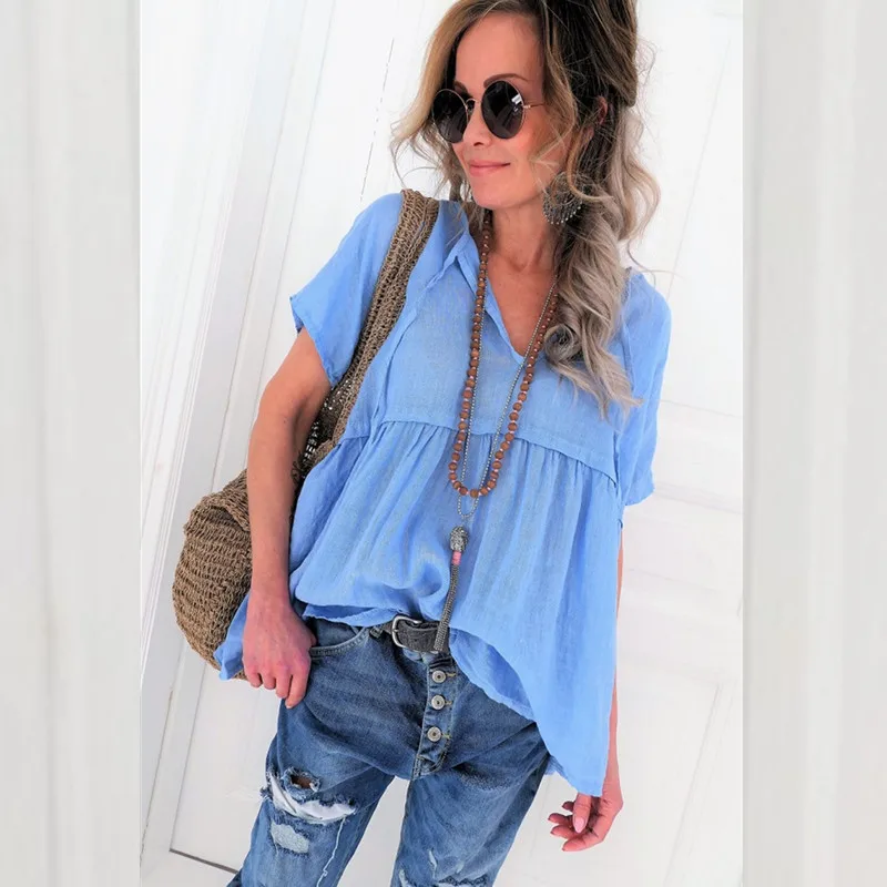 

Summer Loose Tshirt Women V-neck Solid Color Casual T Shirt Plus Size Tops