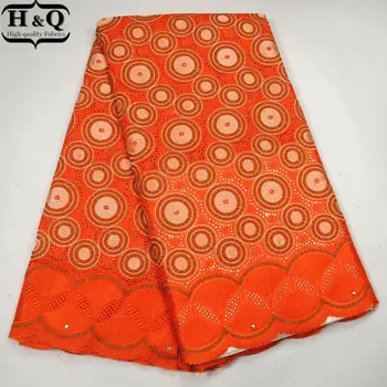 

H&Q Orange Swiss Cotton Lace Fabric Circle Design High Quality Embroidered Voile Lace Fabric with Rhinestones Stones for Dresses