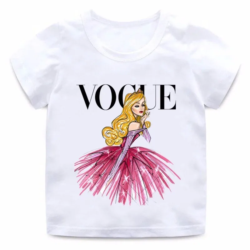 

VOGUE Princess Print Girls T shirt Cartoon Funny Casual Kids Clothes Summer Harajuku White Baby T-shirt,ooo5209
