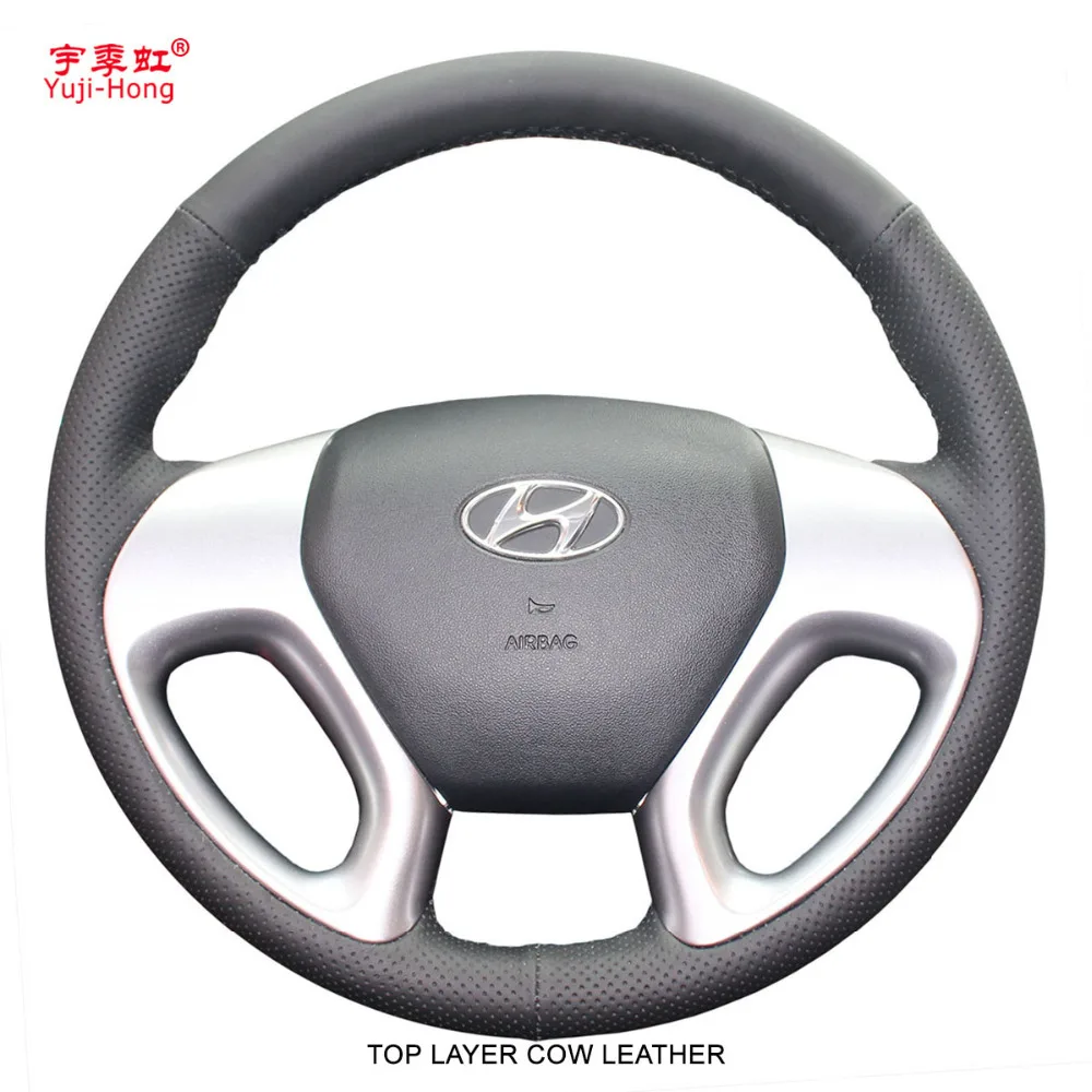 

PONSY Top Layer Genuine Cow Leather Car Steeering Wheel Covers Case for Hyundai ix35 2010-2015 Hand-stitched Cover
