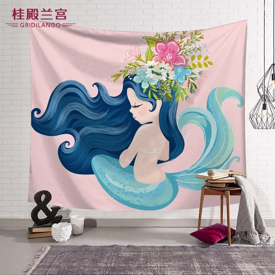 

Customized Pink Mermaid Tapestry Wall Hanging Carpet Blue Little Mermaid Printed On Bed Sheet Table Cloth Play Mat Home Decor