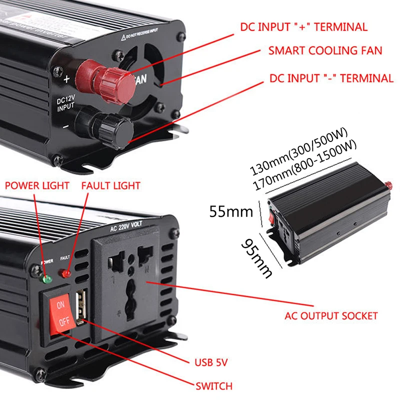 Солнечный непрерывный Инвертер 1000W 12V DC To 230V AC модифицированный синусоидальный преобразователь