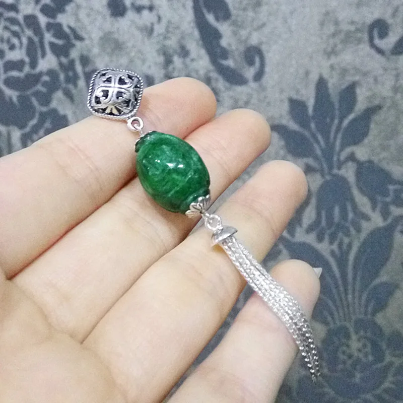 Real Pure 925 Sterling Silver Jade Pendant For Women With Long Tassels