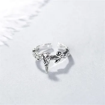 

New Personality Sweet Animal 925 Sterling Silver Jewelry Lucky Retro Cute Bird Branch Exquisite Opening Rings SR56