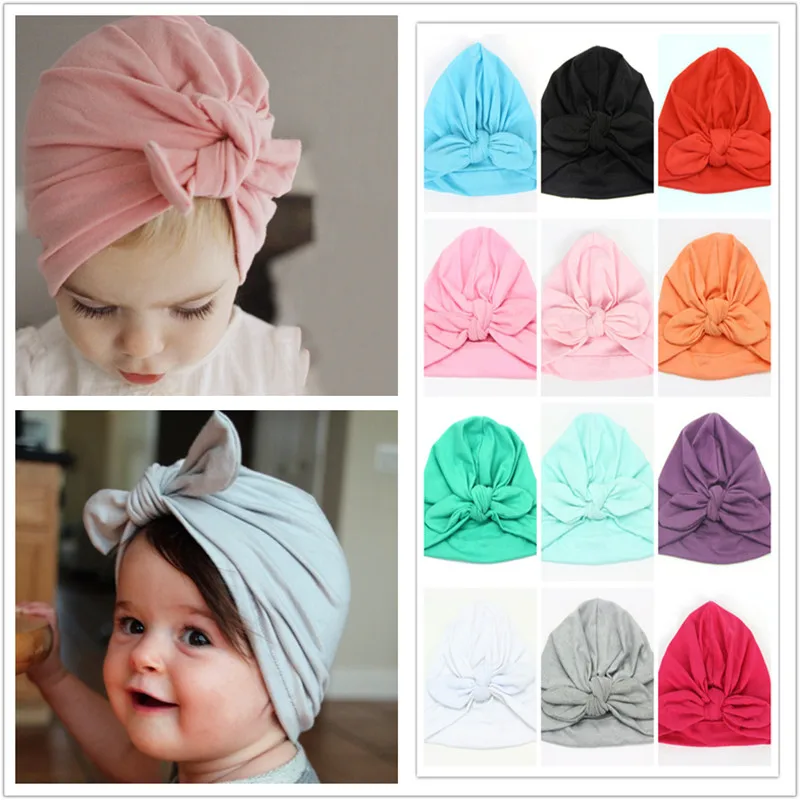 

Newborn Baby Hat Bunny Ear Bow knot Cotton Soft Turban Infant Girl Boy Cap Solid