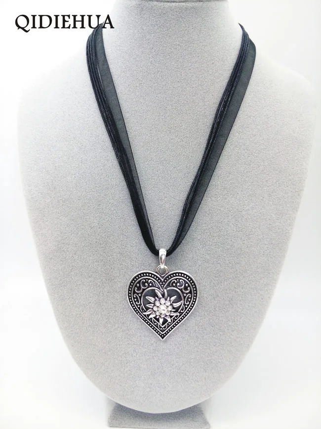 

Antique Silver Love Heart Necklaces Pendants Oktoberfest Edelweiss Statement Necklace for Women Shiny Stone Ribbon Cord Choker