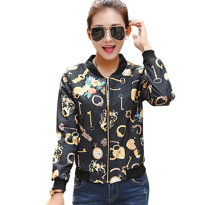 

Big Size Women Short Jacket Retro Floral Printed Long Sleeve Zipper Bomber Jackets Autumn Coat Female Biker Outwear Tops NW1149