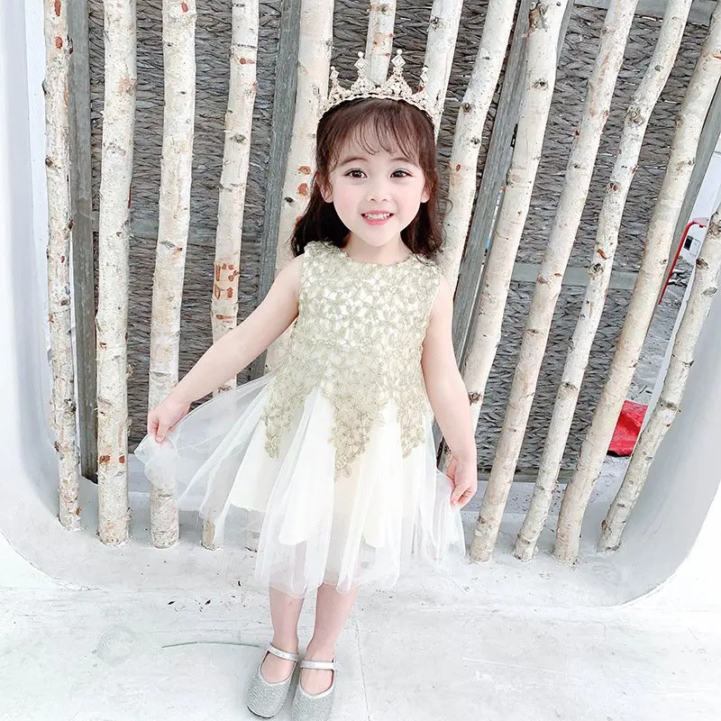 

Summer 1-7 year Baby Dresses For Girls Baby clothes Kids sleeveless Flower lace mesh tutu Princess kid Dress C2761