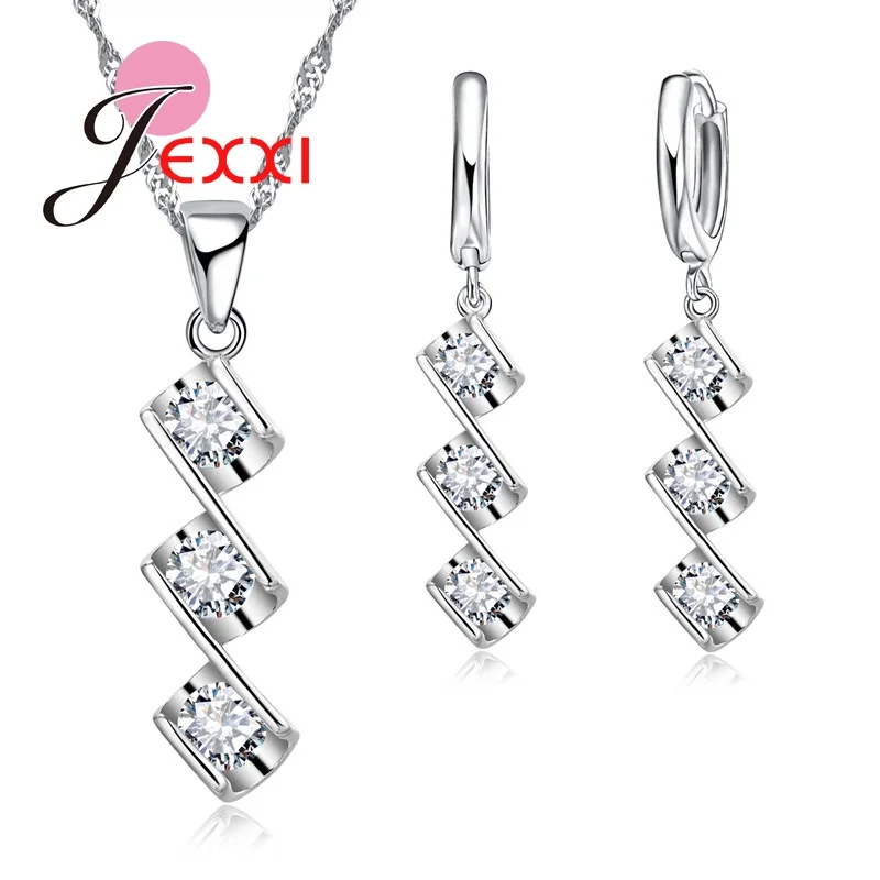 

Fashion 925 Sterling Silver Jewelry Set For Women Triple Crystal Chain Pendents Necklace Earrings Sets Wedding Jewellery