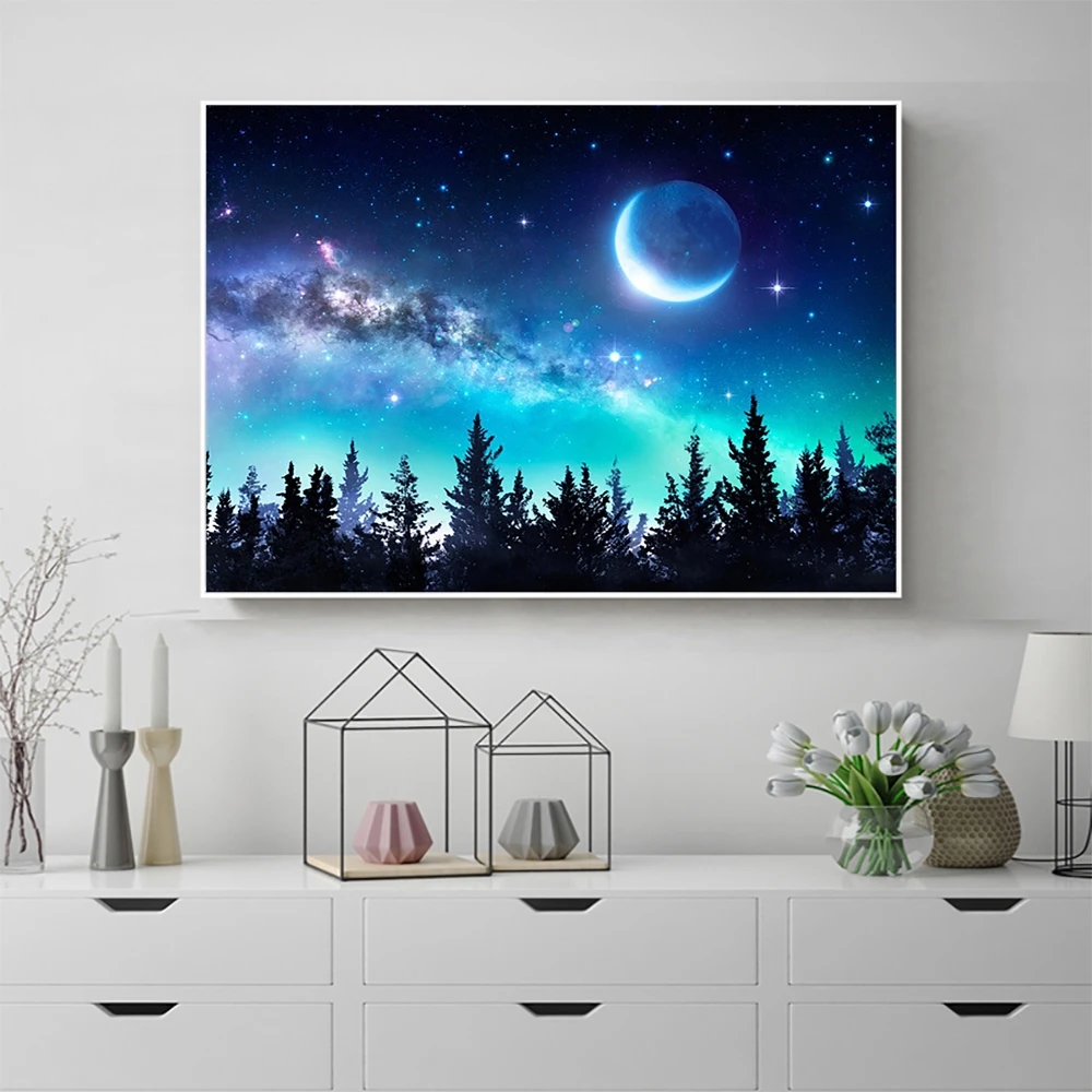 

Modern Abstract Night Moon Forest Trees Outside Posters and Prints Canvas Painting Wall Artwork Home Living Room Decor No Frame