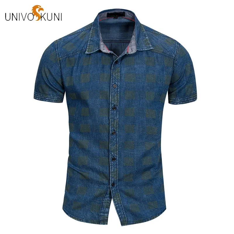 

UNIVOS KUNI 2018 New Fashion Casual Shirts Men Fit Slim Short Sleeve Solid Men Shirts Plaid 100% Cotton Men Denim Shirt Q574