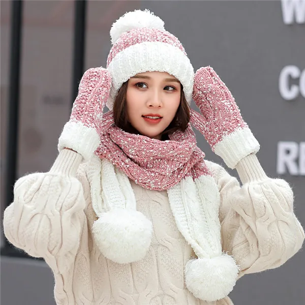 A Set Of Women Winter Hats Cute Gloves Scarf Set 3 Pieces Snowflake