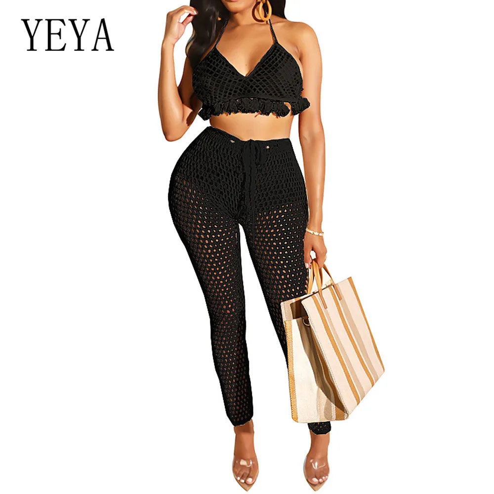 YEYA Summer Two Pieces Sets Tassel Strap Playsuits Elegant Hollow Out Grid See Through Jumpsuits Sexy Open Back Beach Overalls