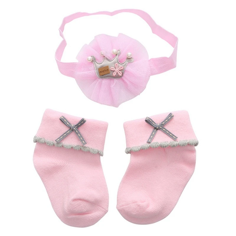 Большие бархатные эластичные носки для малышей 0-12 месяцев, мягкие Нескользящие хлопковые носки с изображением короны и цветов, детские головные уборы из двух предметов - Цвет: C