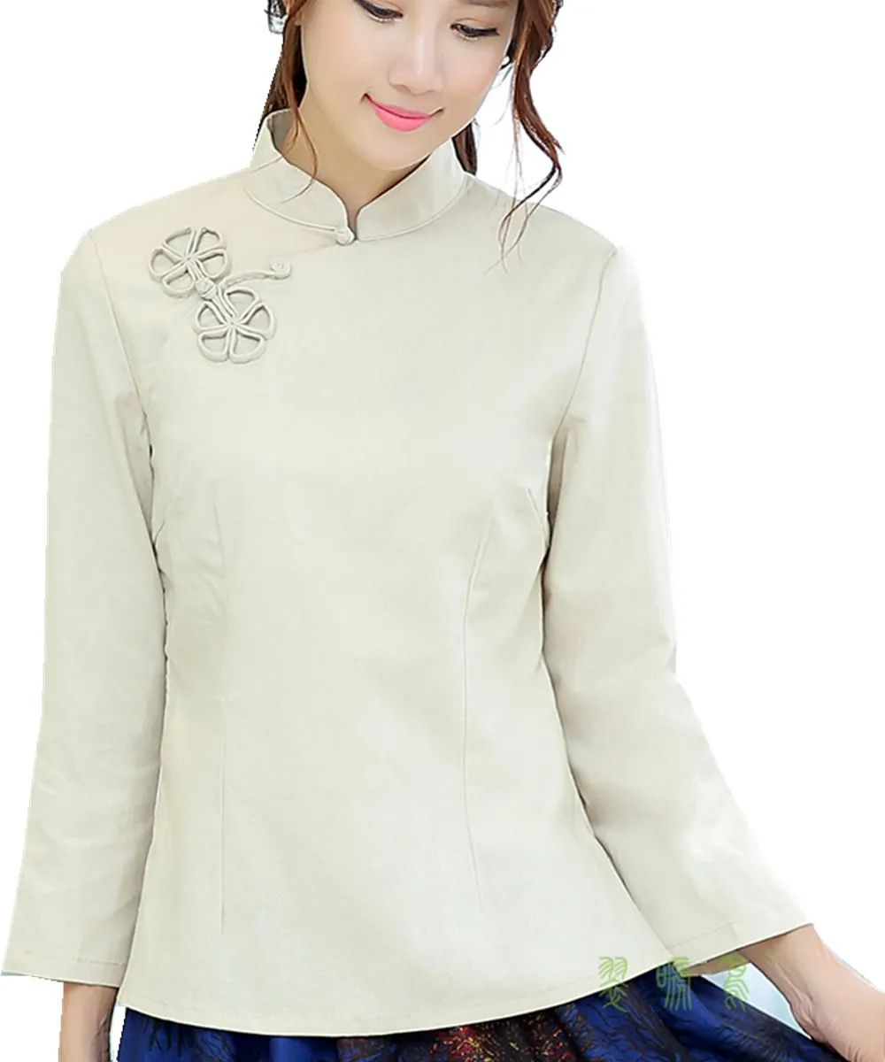 Шанхай история смесь из хлопка воротник мандарина женское китайское традиционное платье Чонсам с длинным рукавом Топ традиционная китайская блузка