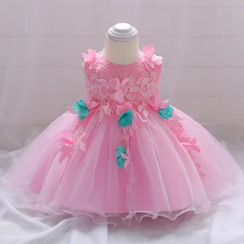 

Cute Baby Clothing Pink Flower Baby Girl Dress with Bow Lace Princess Costume for Baby Wedding and Party Wear 0 6 12 24 months