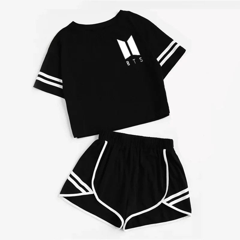 

8035# Europe Cotton Sport Shorts + Sports T-shirt For Women 2019 Summer New Brand Trendy Casual High Waist Womens Two-piece Suit