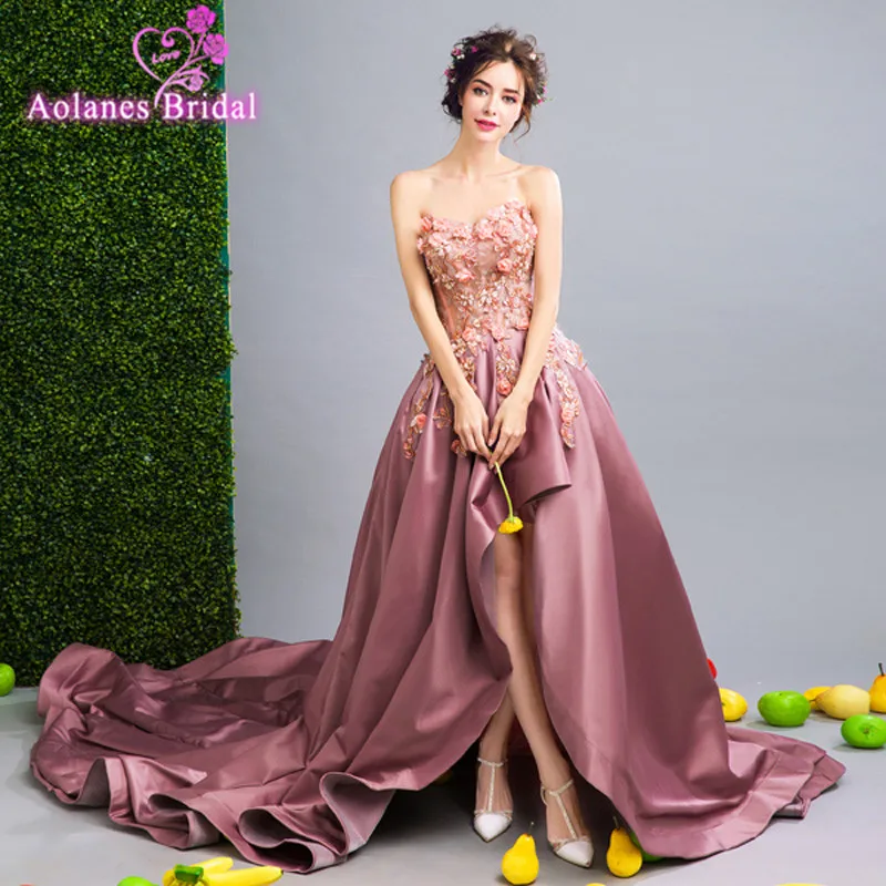 Vestido 2017 Розовое Кружевное длинное переднее короткое сзади Длинное Элегантное