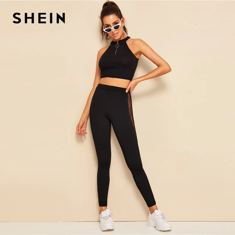 SHEIN, контрастные сетчатые леггинсы, сексуальные женские леггинсы,, новая мода, для фитнеса, черные, одноцветные, женская одежда, длинные леггинсы