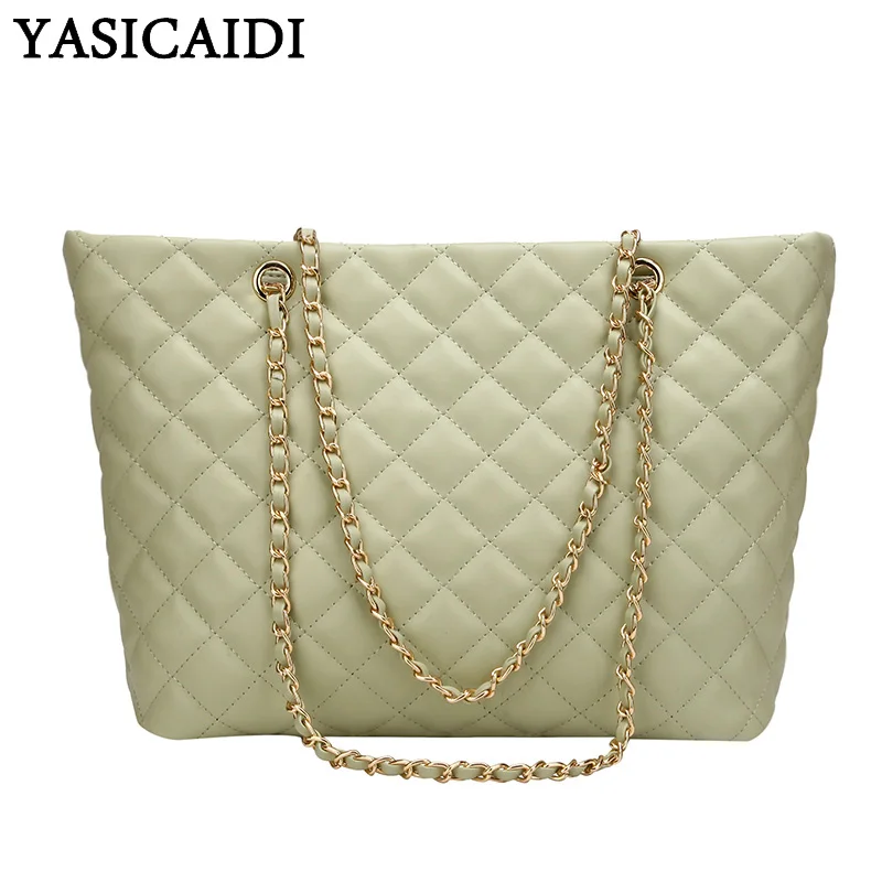 

YASICAIDI Fashion Leather Chain Strap Top-Handle Bags Solid Plaid PU Ladies Hand Bags Portable Casual Tote Women Shoulder Bag