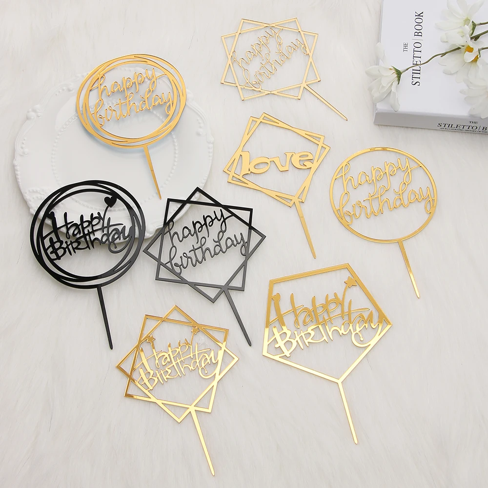 Supplies Party Decal Golden Acrylic Card Cake Topper Love Happy Birthday