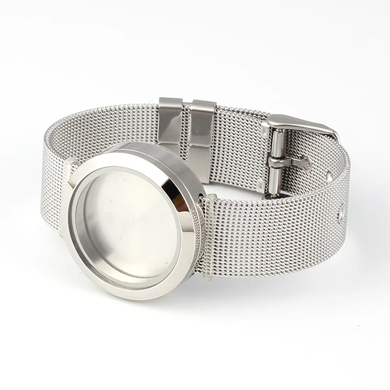 316L Stainless Steel Waterproof 25mm/30mm Screw Top Silver Floating Locket Bracelet with Mesh Watchband