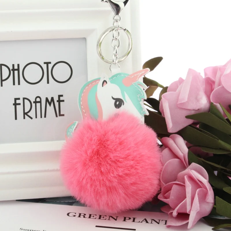 

PINXIU Lover's Metal Hair Ball Key Ring Cute Cartoon Green and Pink Head Unicorn Keychain Women Shoulder Bag Car Keychain YSK29