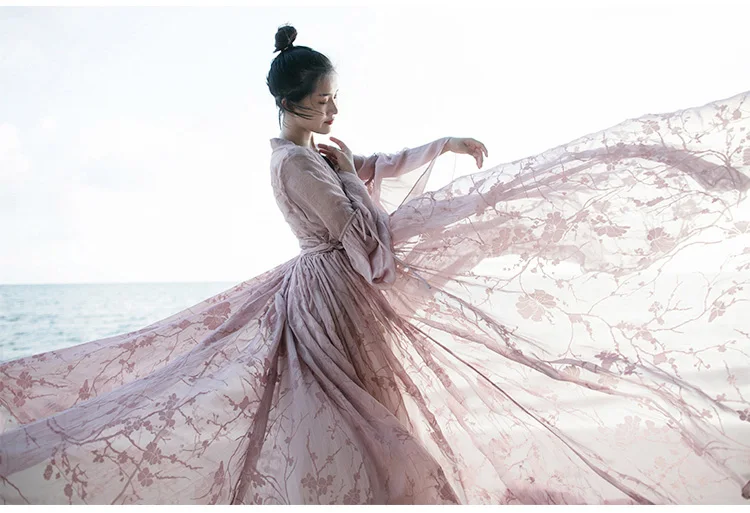 MM142 Новое поступление весна лето Женское Платье макси с длинным рукавом пыльно-розовое уникальное флокированное пляжное винтажное платье