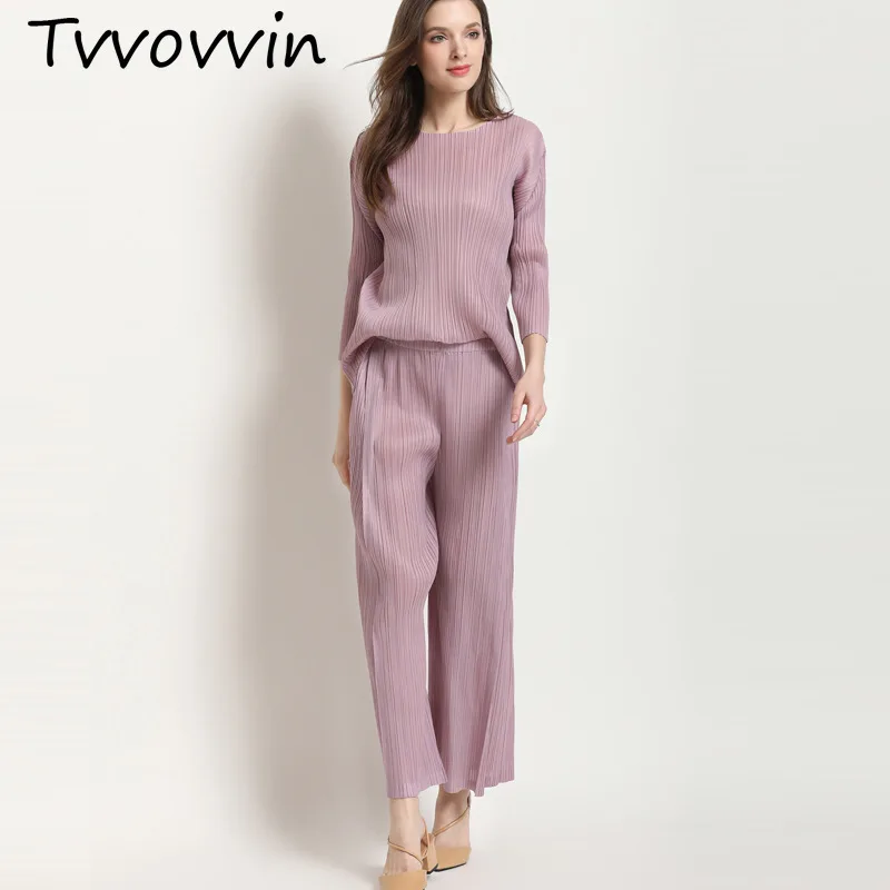 

TVVOVVIN 2019 Autumn New Casual Fashion Women Loose Plus Pleated T-shirt Wide Leg Pants Two-piece Fashion Womens C335